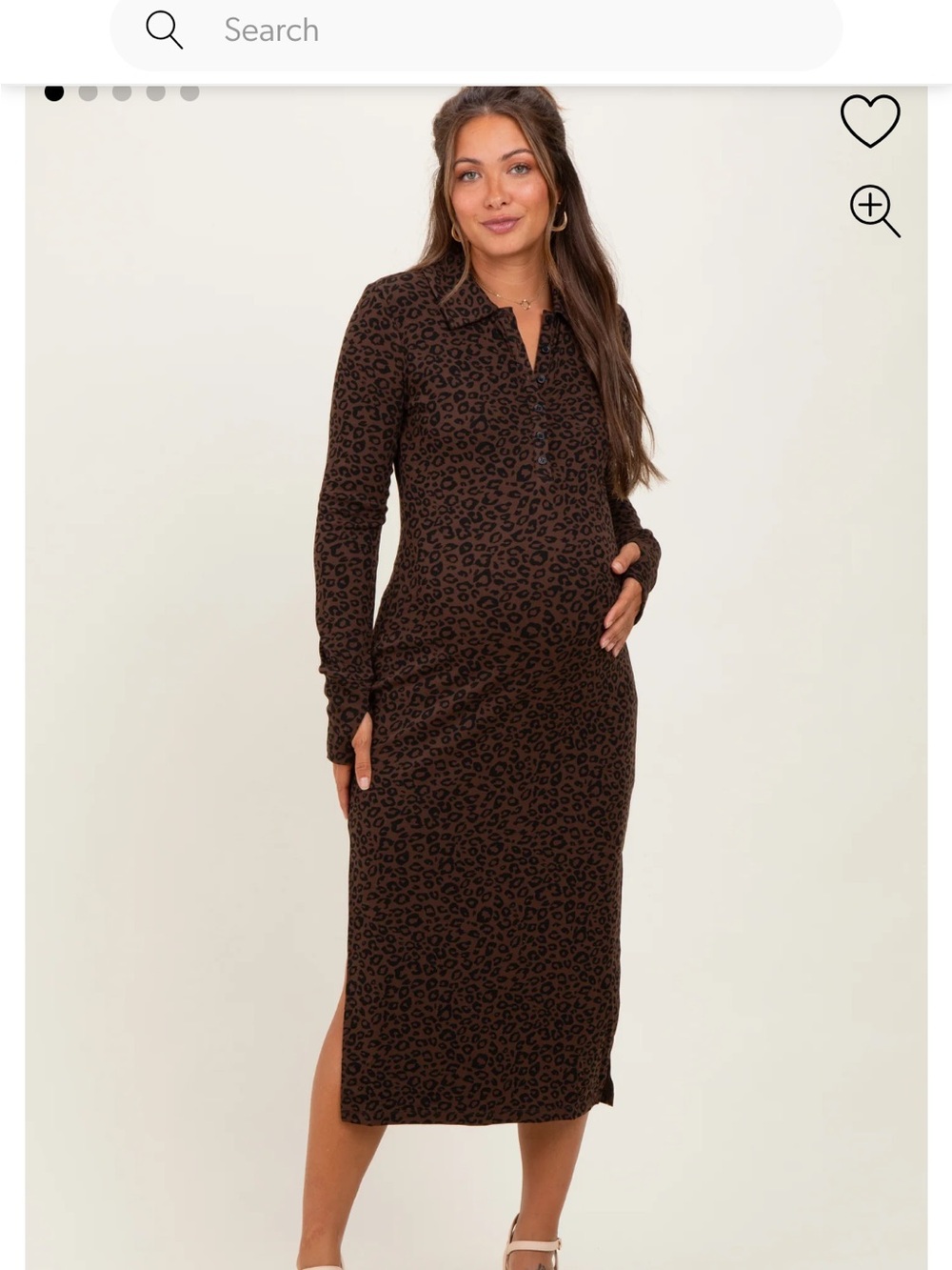 Maternity Long Sleeve Leopard-Print Midi Dress - Brown